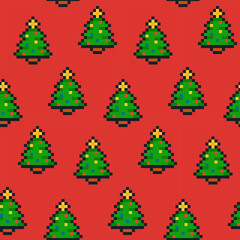 Seamless pixel art pattern featuring decorated Christmas trees on a festive red background. Perfect for holiday wrapping paper, textiles, greeting cards, wallpapers and digital designs.