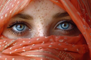 Close up of a freckled woman with captivating blue eyes, partially covered by an orange veil, creating a sense of mystery and allure