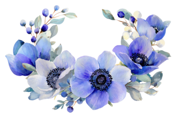 Floral blue wreath, watercolor look, white, green foliage