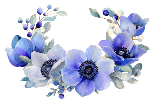 Floral blue wreath, watercolor look, white, green foliage
