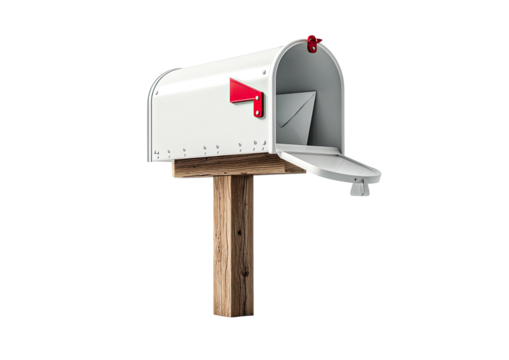 Open white mailbox on wooden post; envelope visible inside