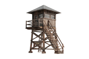 Rustic wood watchtower, weathered with steps.
