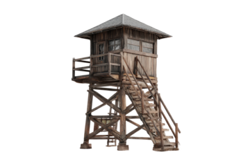 Rustic wood watchtower, weathered with steps.