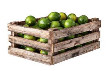 Limes pile in weathered wooden crate, high angle view