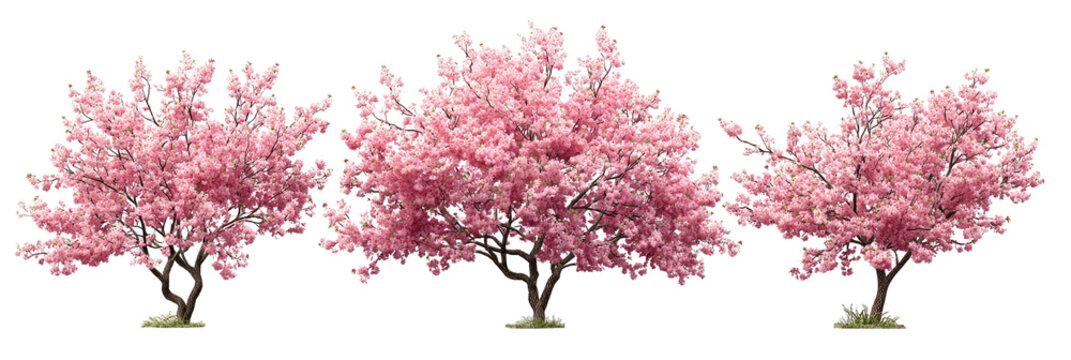 Trio of pink-blossomed trees with gnarled trunks - Powered by Adobe