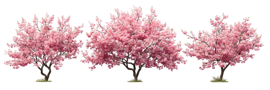 Trio of pink-blossomed trees with gnarled trunks