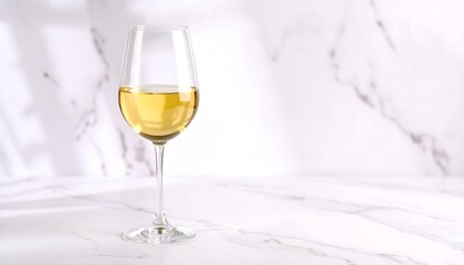 An elegant glass of white wine on a modern marble background with trendy sunlight and shadows. This high-key scene offers ample copy space for luxury or summer concepts.