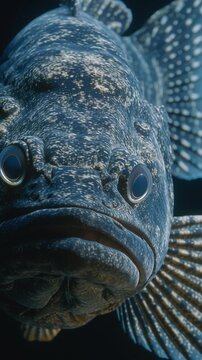 A vertical shot of a coelacanth living fossil, a detailed portrait of a rare fish.