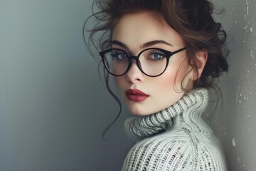 Fototapeta premium Studio portrait of fashionable young woman wearing eyeglasses and turtleneck sweater