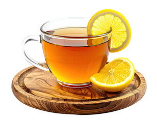 A warm cup of tea with lemon slices on a wooden coaster
