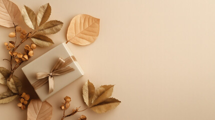 Minimalist Beige Gift Box and Muted Fall Leaves Banner
