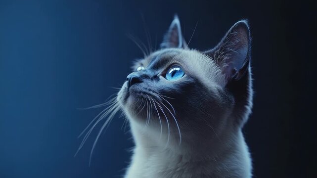 A Siamese cat gazes upward, its intense blue eyes and delicate whiskers catching the light