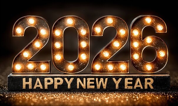 Illuminated 2026 Sign Displaying Happy New Year Message with Sparkling Gold Bokeh