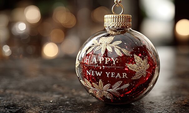 Close up of Happy New Year glass ornament with bokeh background - Powered by Adobe