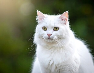 Fototapeta premium A fluffy, white cat with yellow eyes gazes towards the viewer. Sunlight filters through the foliage in the background