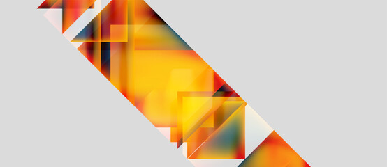 Abstract geometric composition. Warm colors dominate, featuring overlapping triangles, rectangles. Light reflects, creating dynamic visual effect.