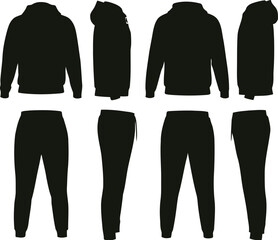 silhouette, clothing set, tracksuit, hoodie, sweatpants, sportswear, casual wear, loungewear, garment, apparel, fashion, illustration, technical drawing, flat sketch, front view, side view, back view,