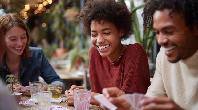 Friends enjoying a card game in a cozy café during the evening