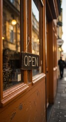Open sign board with leterring hanging on window shop in rustic cafe coffee shop or antique store ready to service. Restaurant, retail store windowcase, vertical, view from the street