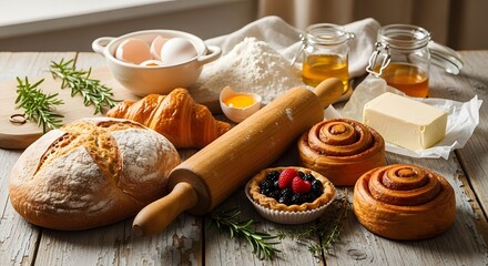 Delicious baked goods and ingredients arranged artistically on wooden surface