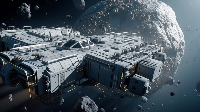An asteroid mining operation with a spaceship and a large asteroid, a scene of future resources.