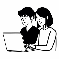 Fototapeta premium young couple holding and working laptop isolated on white background