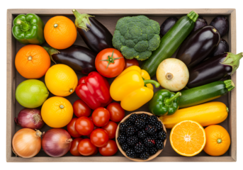 Fresh vibrant fruits and vegetables in wooden crate for healthy eating and wellness, perfect for nutrition guides, farm-to-table concepts, and food blogs