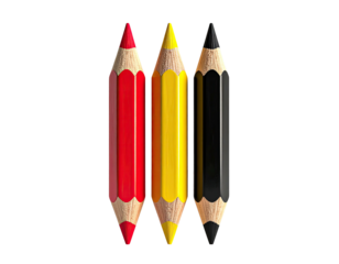 Three colored pencils, arranged centrally, depict vibrant red, yellow, and black hues, against a stark black backdrop