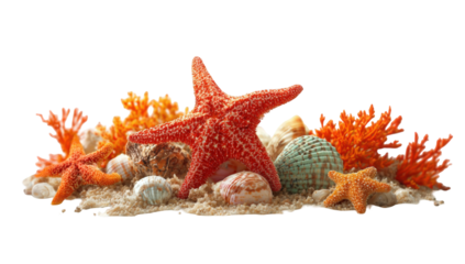 Seashells and starfish on sand