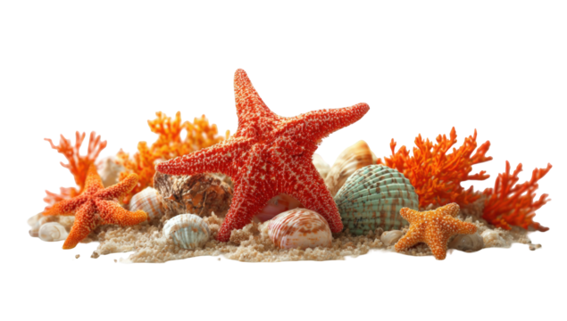 Seashells and starfish on sand