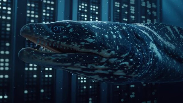 An underwater data center with a gulper eel deep sea creature swimming nearby.