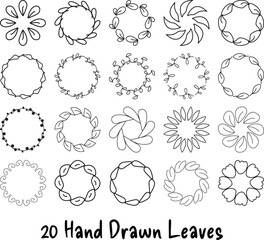 20 Hand Drawn Leaf Wreaths Set – Botanical Circle Frames and Floral Elements Vector Illustration