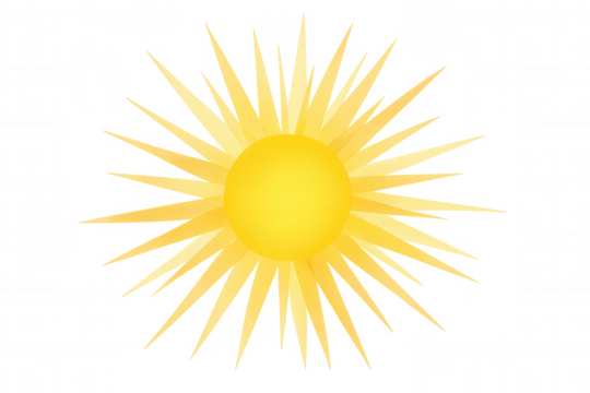 Yellow sun icon with radiating sharp rays, symbolizing solar energy, summer light, warmth, and weather forecast