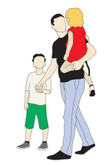 Father Carrying Daughter and Holding Son’s Hand – Family Walk Illustration, Parent with Kids SVG Vector