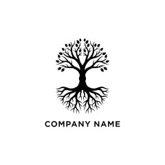 Stylized Tree of Life with Roots and Branches Silhouette Logo Design.
