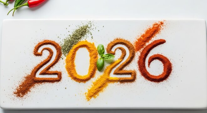 Creative 2026 number made from colorful spices on a white plate, symbolizing the upcoming new year