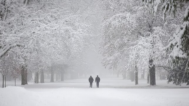 Silhouetted Couple Enjoys Romantic Stroll Through Snow-Covered Winter Wonderland Landscape Together - Powered by Adobe