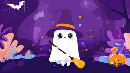 cute little cartoon ghost wearing a witches hat, holding a broom, fun Halloween theme and purple background with bats and pumpkins