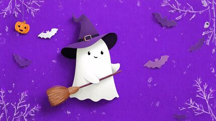 cute little cartoon ghost wearing a witches hat, holding a broom, fun Halloween theme and purple background with bats and pumpkins