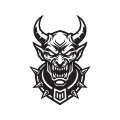 Black and white demon head vector design with bold lines and detailed shading.