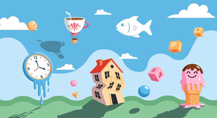 Naklejka premium Surreal Landscape with Melting Clock, Floating Fish, and Whimsical House.