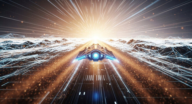 Futuristic Spaceship Navigating Through a Cosmic Digital Landscape Towards a Bright Sun