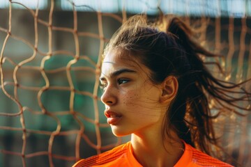 Portrait of a determined female soccer player with freckles, wearing an orange jersey, standing near the goal net with her hair blowing in the wind