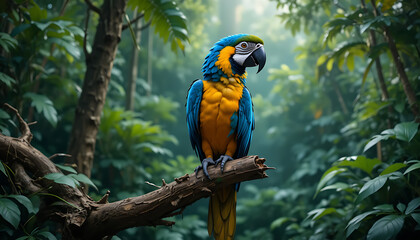 Obraz premium A blue and gold macaw perched on an old tree branch amid a lush tropical rainforest.