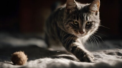 A young tabby cat plays with a fuzzy toy mouse indoors illuminated by soft ambient light