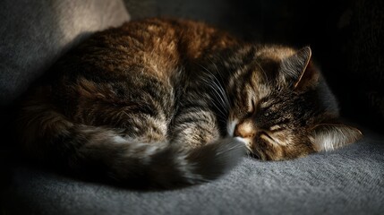 A peaceful tabby cat sleeps curled up on a soft sofa in warm sunlight