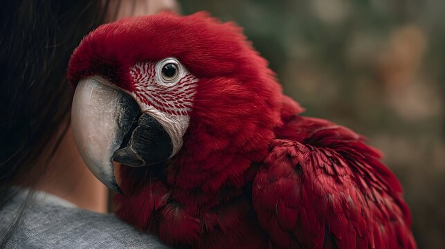 A vibrant red parrot with detailed facial markings rests on a person s shoulder its bright plumage catching soft light