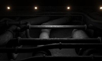 Pipelines under floor military base in dark scene 3d rendering wallpaper background