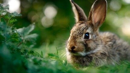Fototapeta premium A charming young rabbit sits nestled in vibrant green grass its soft fur catching the gentle light with a blurred beautiful bokeh background