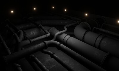 Side view steel pipelines industrial wallpaper 3d render background